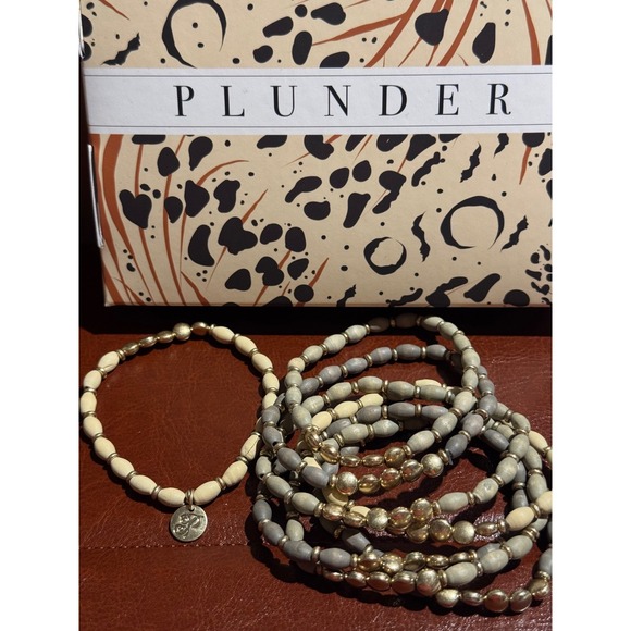 Plunder Jewelry - Plunder Design Beaded Stretch Bracelet Set Gold Tone Grey Cream Boho Stackable
